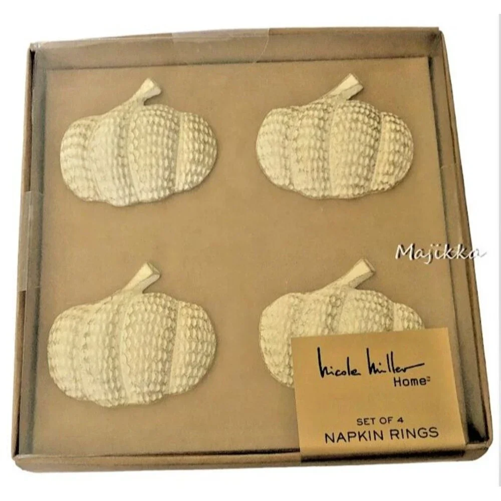 Nicole Miller White Pumpkins Napkin Rings Thanksgiving Autumn Halloween Set Of 4